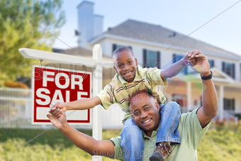 Stock Photo Of Piggyback African American Boy On Black Dad Outside House With For Sale Signage Horizontal - African American Dad, Transparent background PNG HD thumbnail