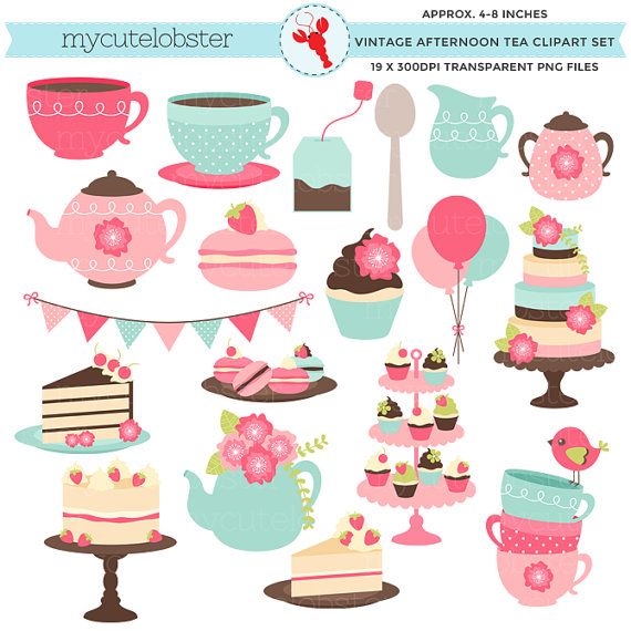 Afternoon Tea Clipart Set   Clip Art Set, Vintage Tea Party, Cakes, Teapot, Macarons   Personal Use, Small Commercial Use, Instant Download - Afternoon Tea Party, Transparent background PNG HD thumbnail