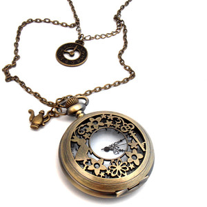 March Hare Clock Necklace, Antique Bronze, Steampunk Pocket Watch Locket, Alice In Wonderland - Alice In Wonderland Pocket Watch, Transparent background PNG HD thumbnail