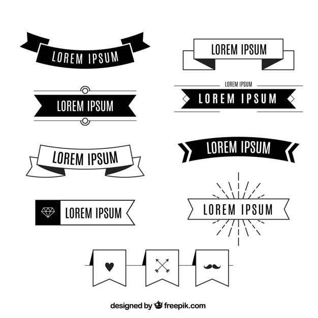 Pack Of Vintage Black And White Ribbons Free Vector - Ama Black Vector, Transparent background PNG HD thumbnail