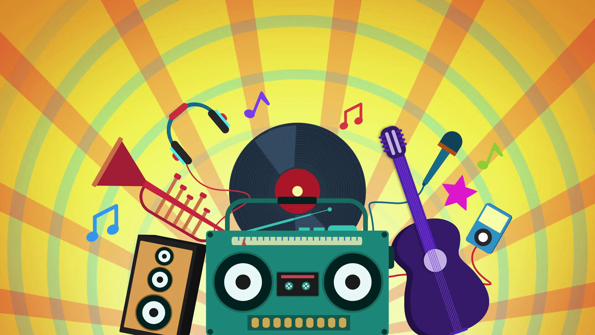 Colorful Animation Of Music Instruments And Stuff Over Sunburst Rotation Seamless Loop With Copy Space, - Animated Dancing, Transparent background PNG HD thumbnail