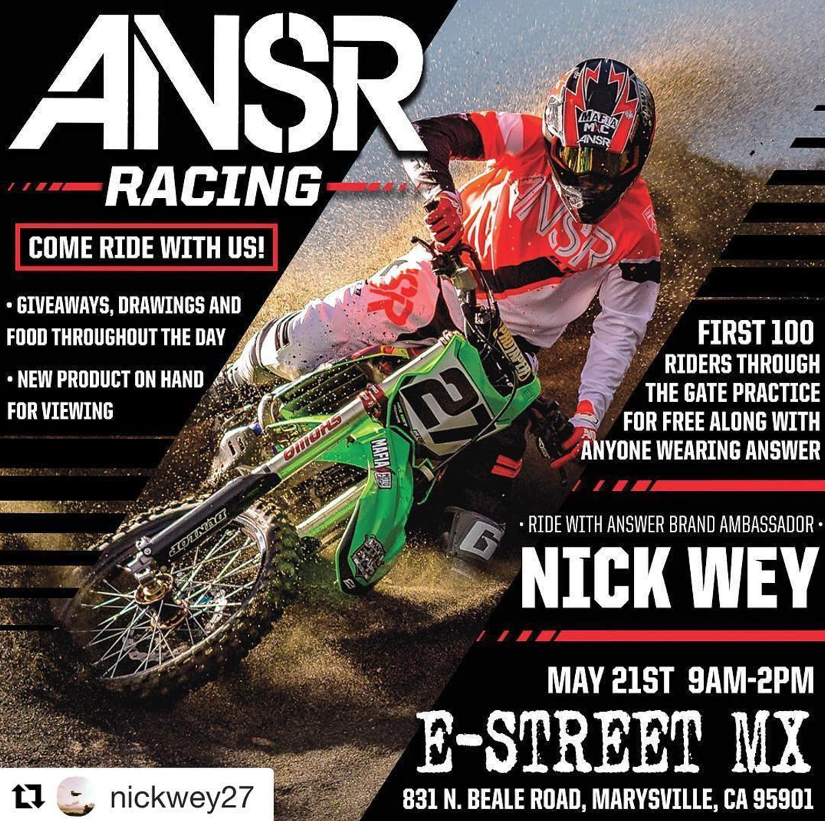 Nick Wey Will Be Riding At E Street In Marysville Ca, With The @ansrmx Team This Sunday May 21. We Will Be There With The Big Truck And All The Newest Gear Hdpng.com  - Answer Racing Us, Transparent background PNG HD thumbnail
