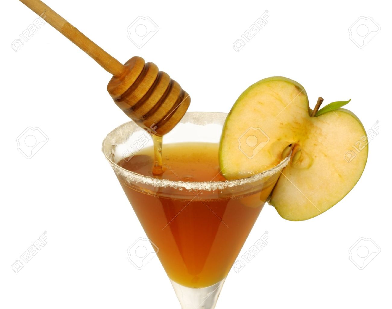 Apples And Honey Png - Honey In A Cocktail Glass With Apple And Sugar On The Rim And A Wooden Drizzler, Transparent background PNG HD thumbnail
