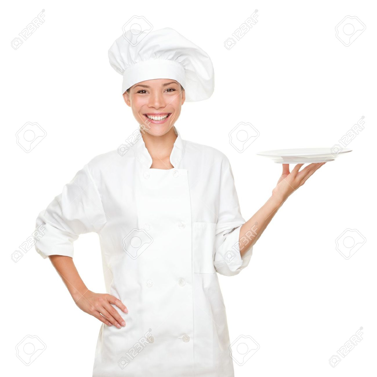 Chef Showing Empty Plate. Happy Smilng Portrait Of Female In Chef Uniform And Chef Hat - Asian Chef, Transparent background PNG HD thumbnail