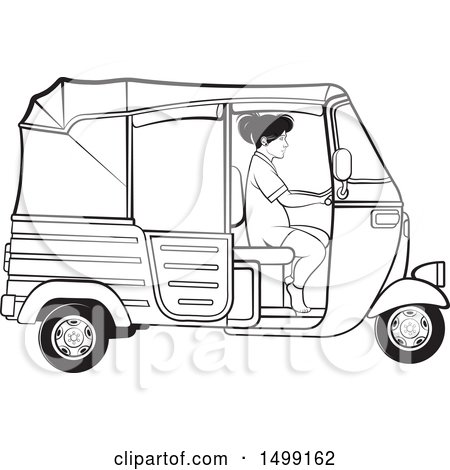 Clipart Of A Black And White Woman Driving A Three Wheeler Rickshaw Vehicle   Royalty Free Vector Illustration By Lal Perera - Auto Rickshaw Black And White, Transparent background PNG HD thumbnail