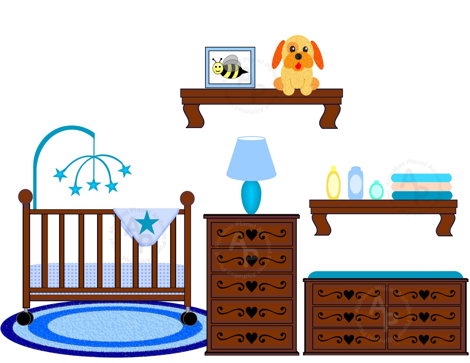 Baby Boy Nursery Crib Changing Table Digital Clip Art Set, Clipart Personal And Commercial Use Digital Download - Baby Boy Crib, Transparent background PNG HD thumbnail