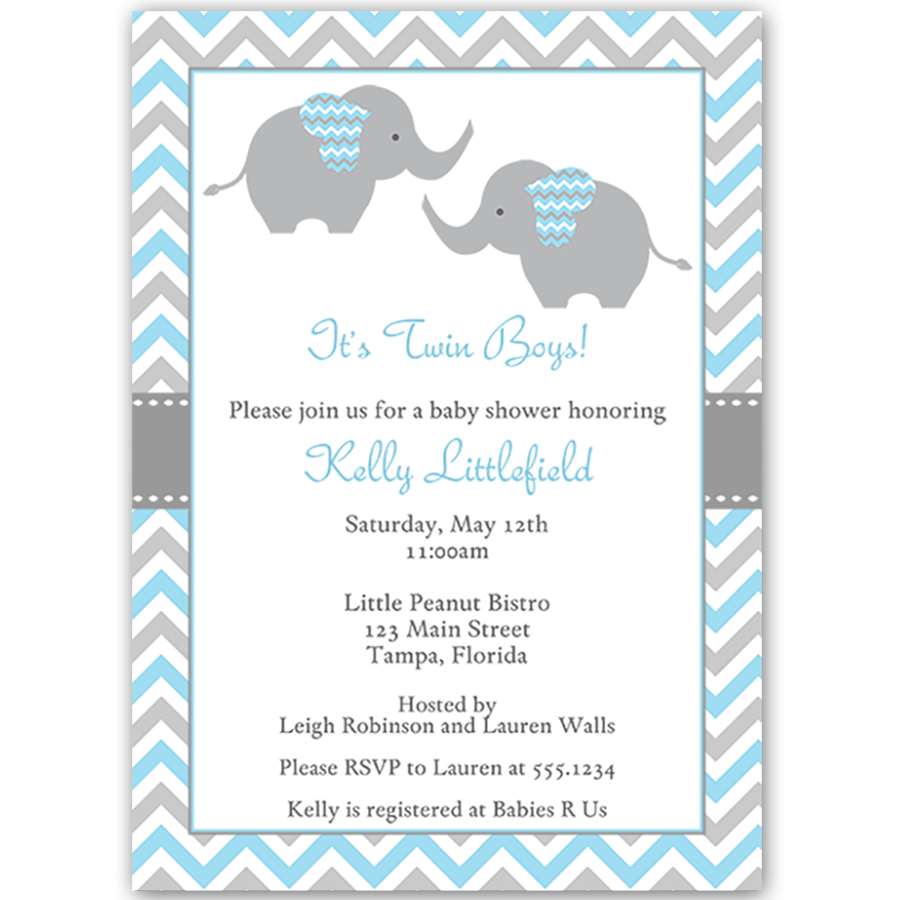 Chevron Elephant Blue Twins Baby Shower Invitation - Baby Twins Boys, Transparent background PNG HD thumbnail