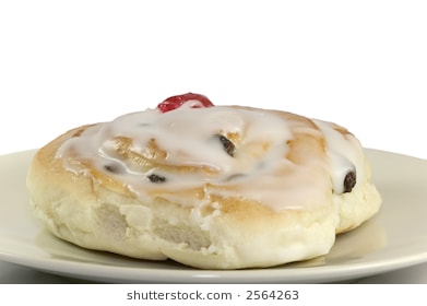 Sticky Belgian Bun With A Glazed Red Cherry On A Plate Isolated Against A White Background - Belgian Bun, Transparent background PNG HD thumbnail