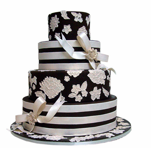 Black And White Wedding Cake With Floral Patterns.png - Black And White Cake, Transparent background PNG HD thumbnail