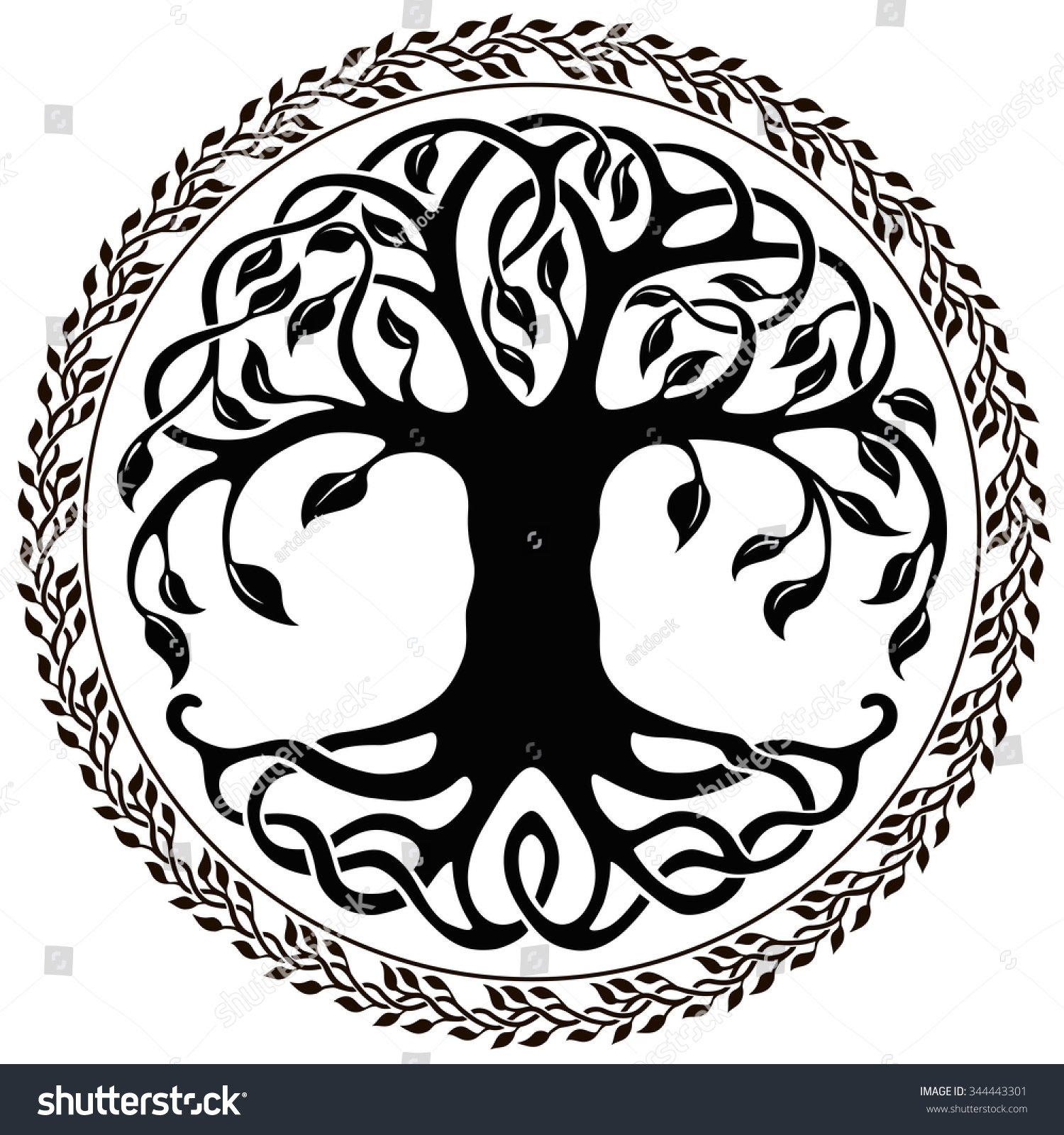 Vector Ornament, Decorative Celtic Tree Of Life With Floral Round Border - Black And White Tree Of Life, Transparent background PNG HD thumbnail