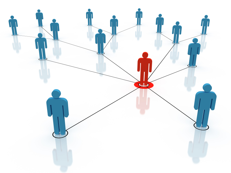 Blue People Figures Connected By Lines To Central Red Figure - Networking, Transparent background PNG HD thumbnail