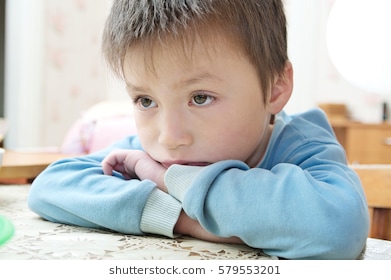 Sad Boy Portrait Looking Away Thinking Sitting On The Table, Thoughtful Child Feeling Hurt - Boy Thinking, Transparent background PNG HD thumbnail