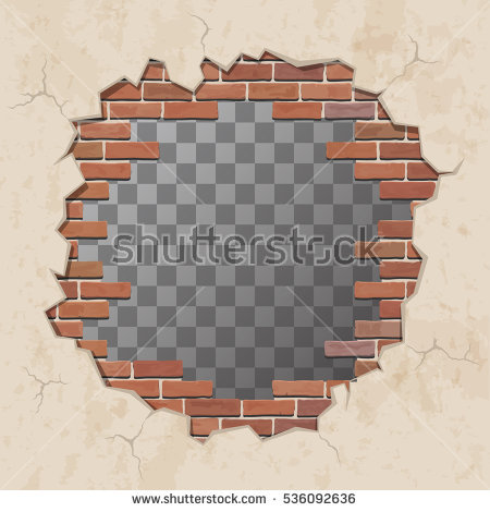 Red Broken Brick Wall With Hole. Shabby Plaster And Shattered Brickwork. Vector Illustration. - Broken Brick Wall, Transparent background PNG HD thumbnail