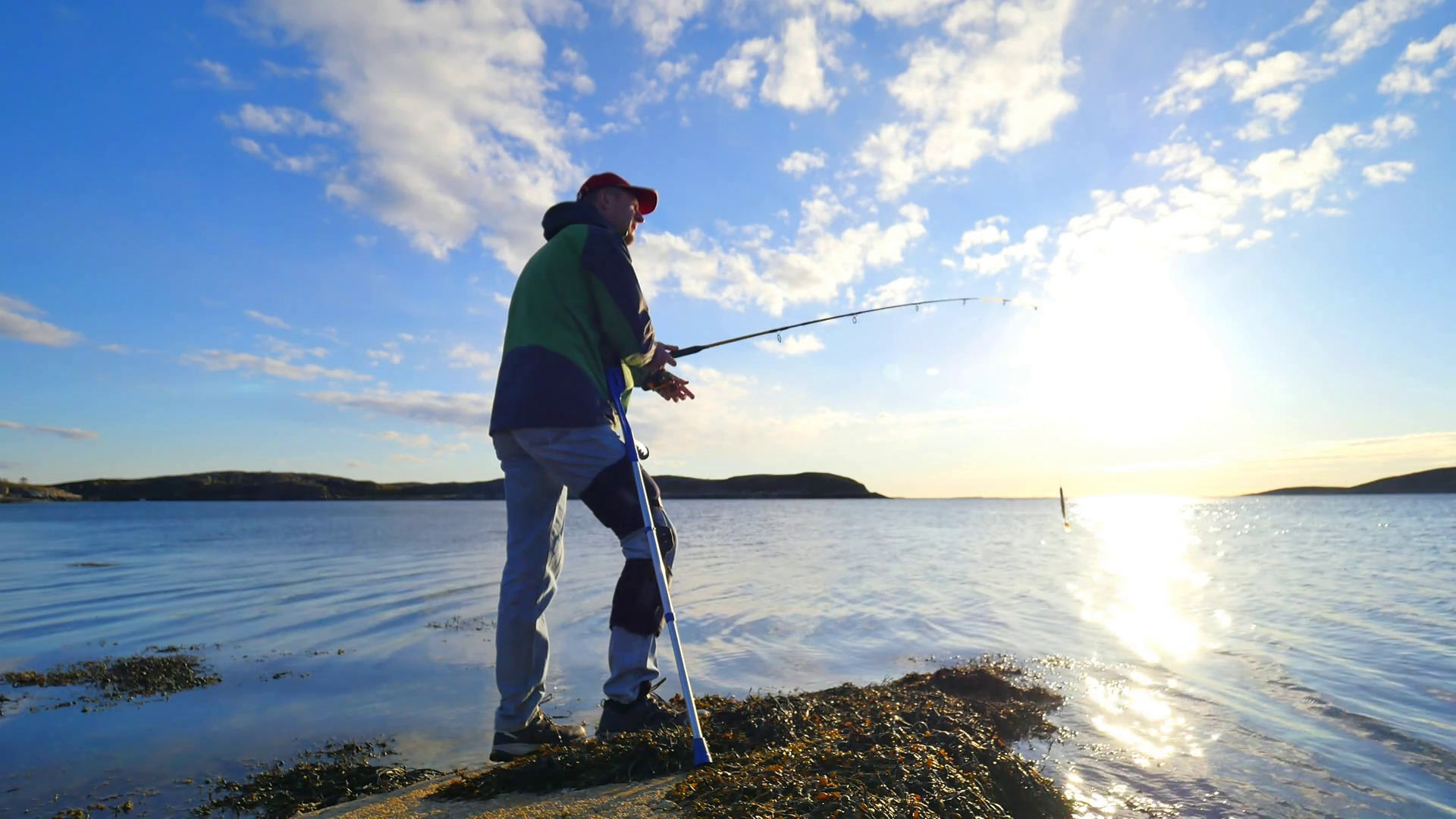 Fisherman With Medicine Crutch And Broken Leg Fixed In Immobilizer Is Fishing. Hurt Man Put Crutch Into Jacket Pocket And Throws Pushing Bait With Flexible Hdpng.com  - Broken Leg, Transparent background PNG HD thumbnail