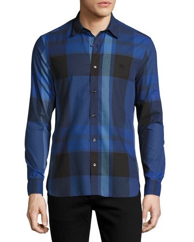 Coatson Check Cotton Linen Shirt, Bright Navy - Burberry Clothing, Transparent background PNG HD thumbnail