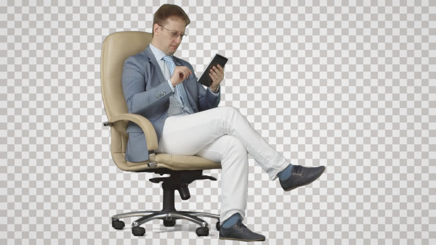 Sitting Businessman In Armchair Has Good News. Side View On Alpha Matte. File Format - Business, Transparent background PNG HD thumbnail