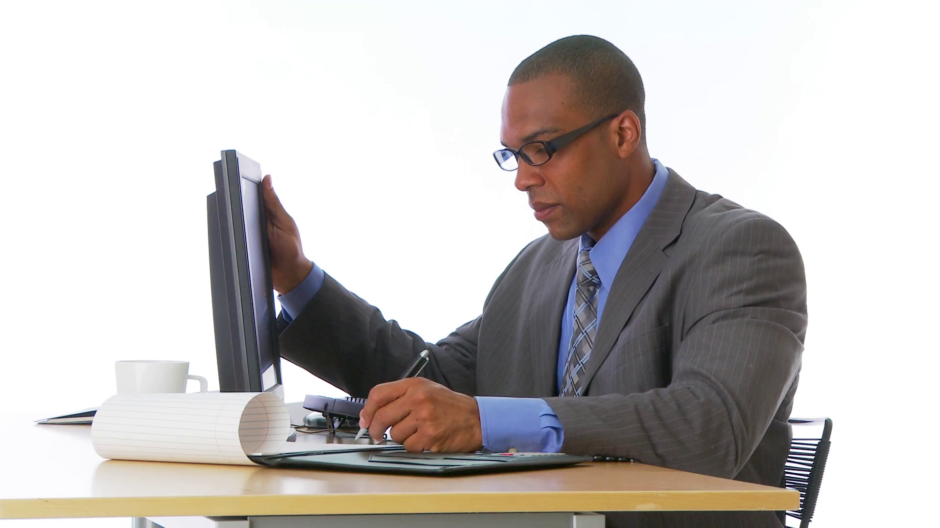 Businessman Working On Computer And Writing On Paper At Desk Stock Video Footage   Videoblocks - Businessman At Desk, Transparent background PNG HD thumbnail