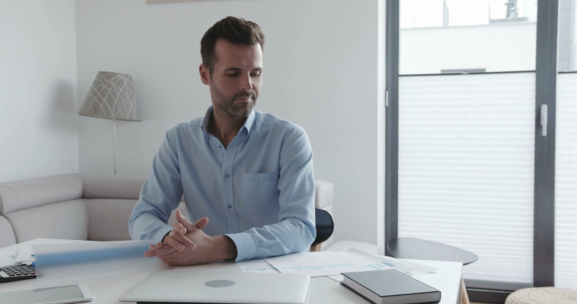 Handsome Businessman Working From Home Office Doing Paper Work Stock Video Footage   Videoblocks - Businessman At Desk, Transparent background PNG HD thumbnail