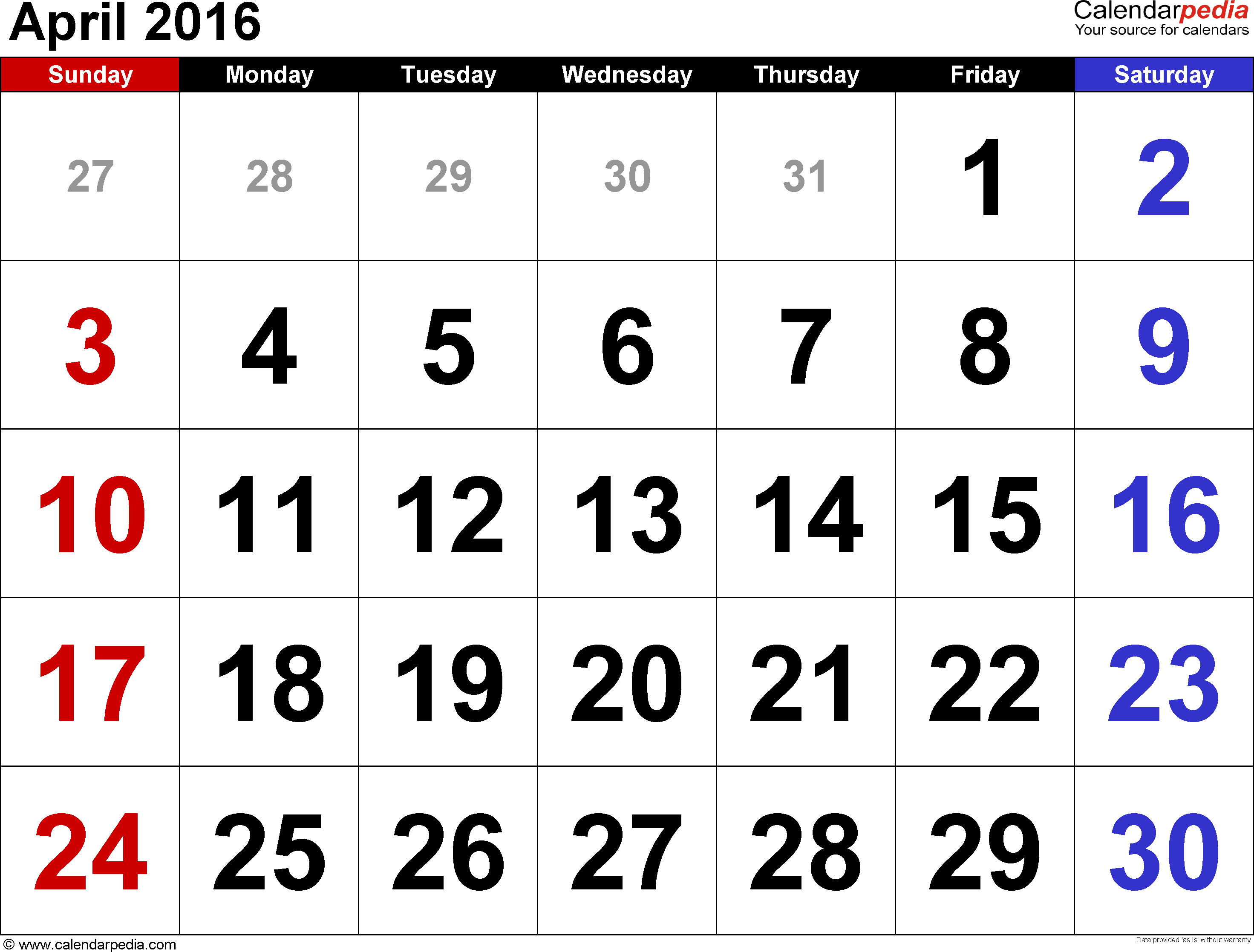 April 2016 Calendar - Calendar April, Transparent background PNG HD thumbnail