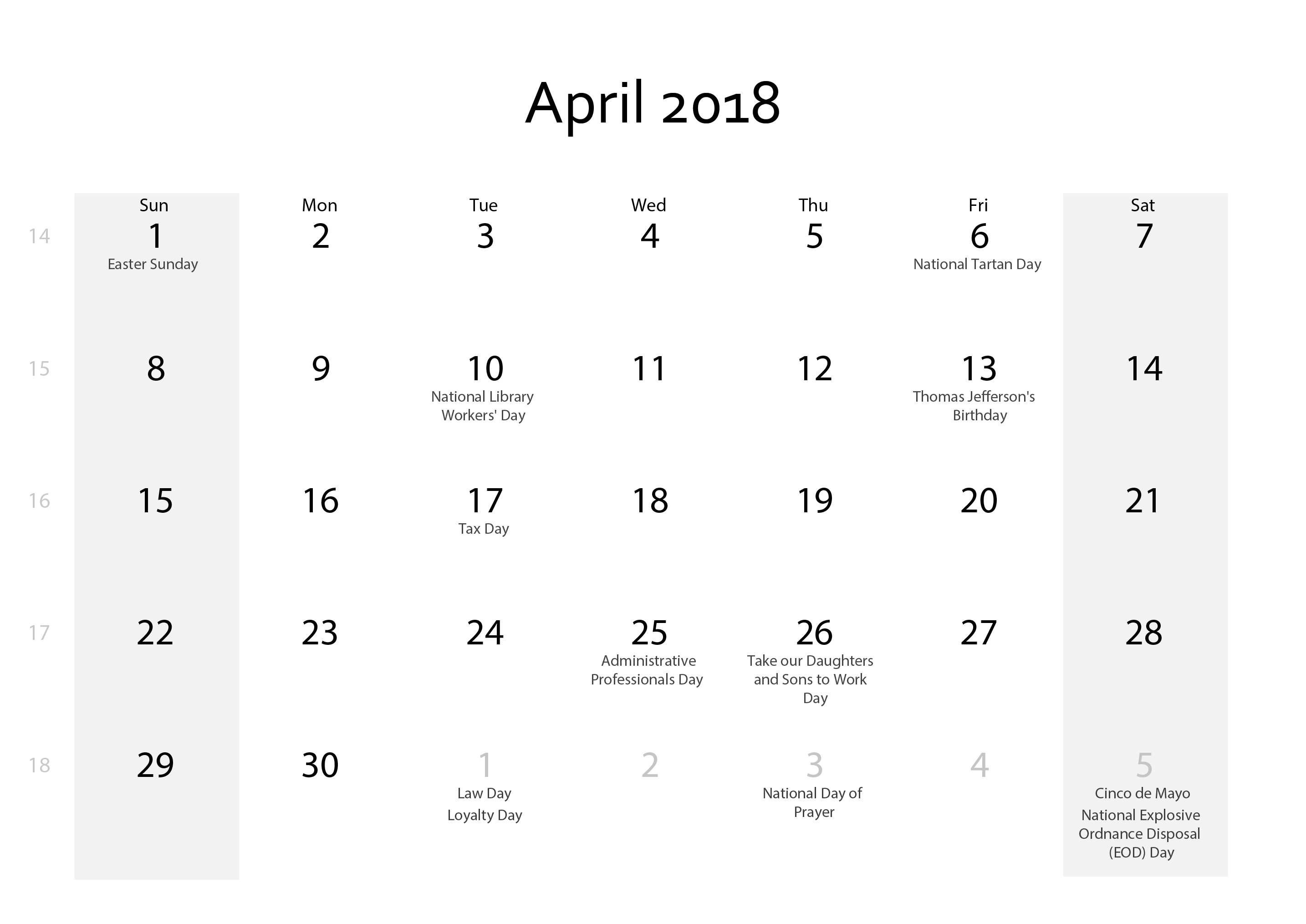 April 2018 Calendar Vertical Free Download April 2018 Calendar With Holidays Download - Calendar April, Transparent background PNG HD thumbnail