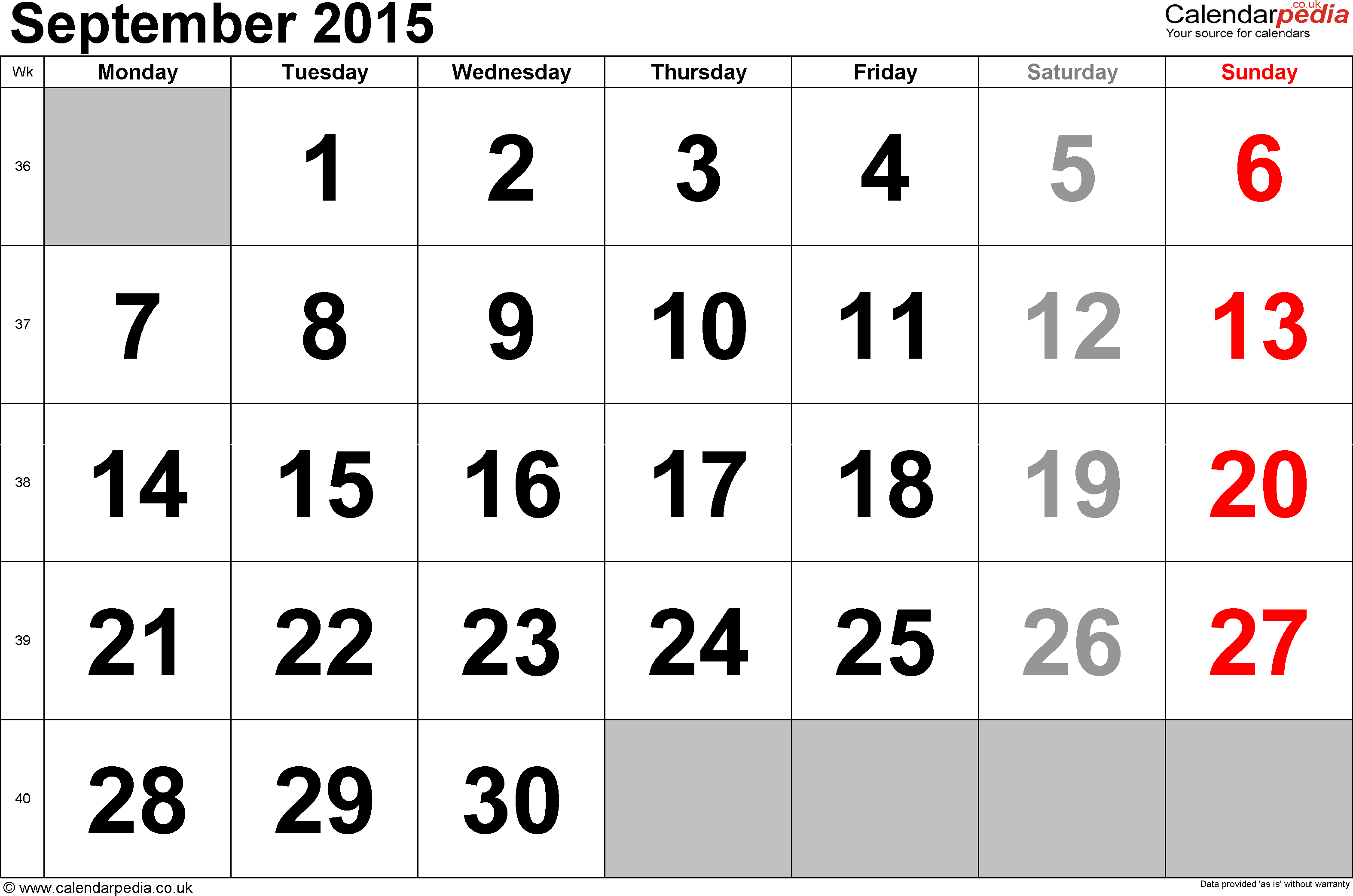 Calendar September 2015, Landscape Orientation, Large Numerals, 1 Page, With Uk Bank - Calendar September 2015, Transparent background PNG HD thumbnail