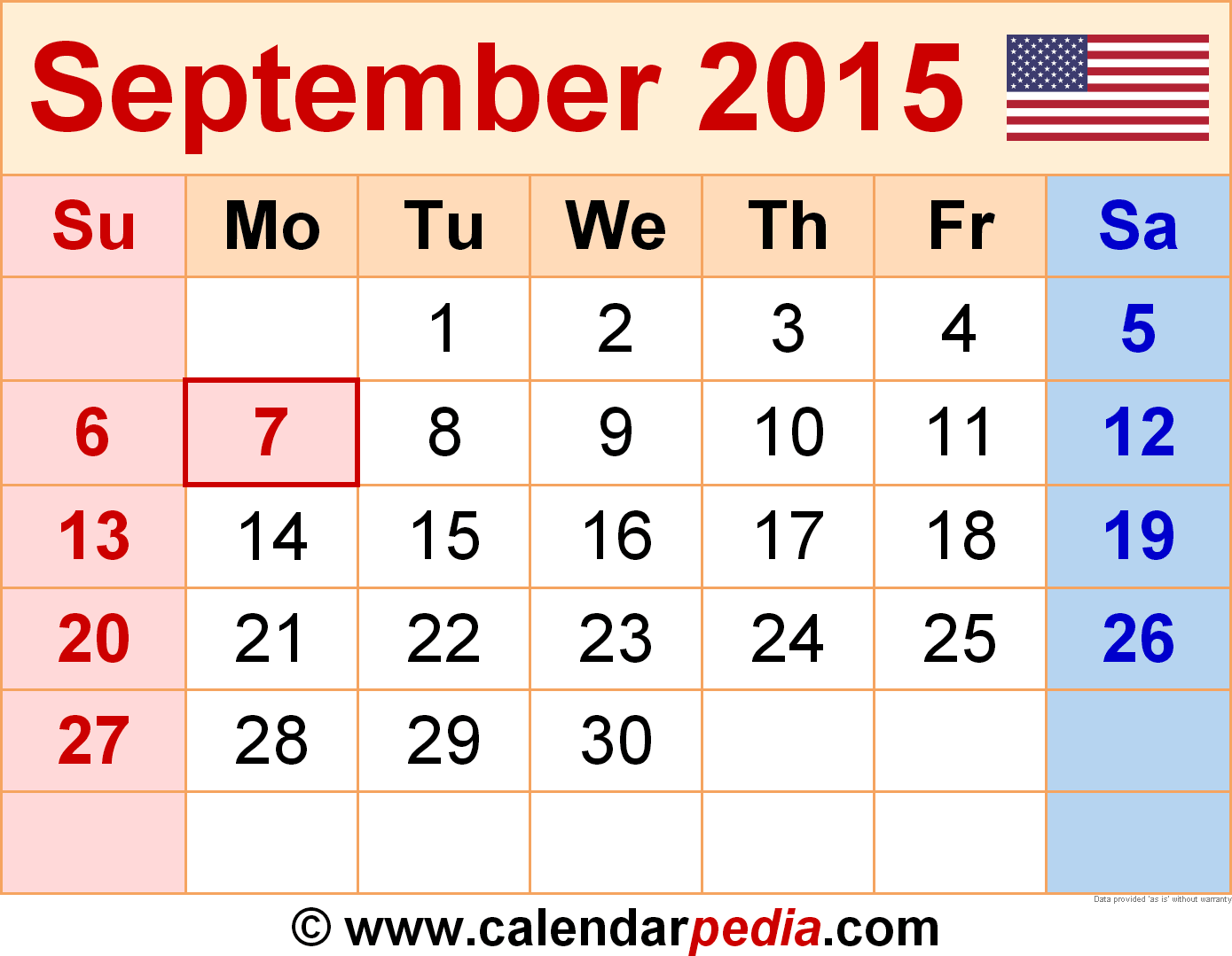 Calendar Png September 2015 - Download September 2015 Calendar As A Graphic/image File In Png Format, Transparent background PNG HD thumbnail