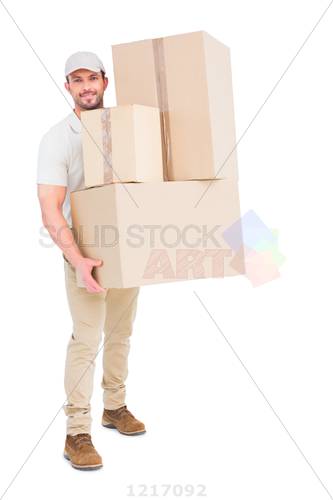 Stock Photo Of Delivery Man Carrying Cardboard Boxes On White Background - Carrying Box, Transparent background PNG HD thumbnail