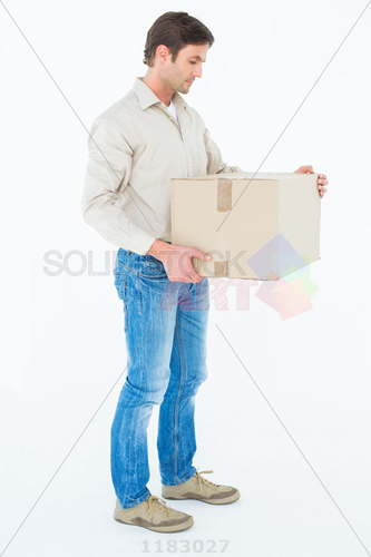 Stock Photo Of Full Length Of Delivery Man Carrying Cardboard Box Against White Background - Carrying Box, Transparent background PNG HD thumbnail