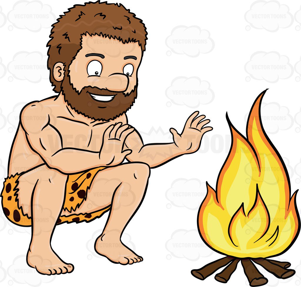 A caveman smiles in relief beside a bonfire, Caveman D PNG - Free PNG