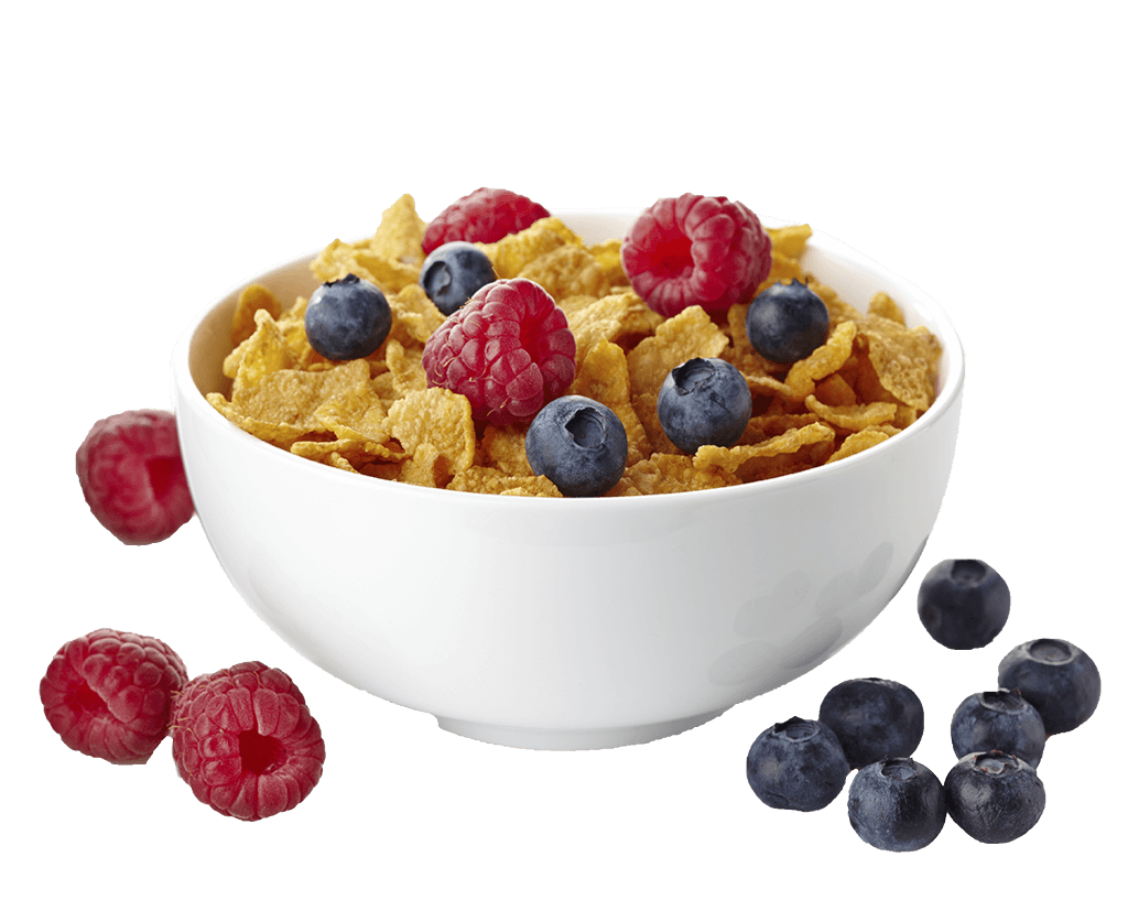 A Bowl Of Cereal Flakes With Blueberries And Raspberries - Cerea, Transparent background PNG HD thumbnail
