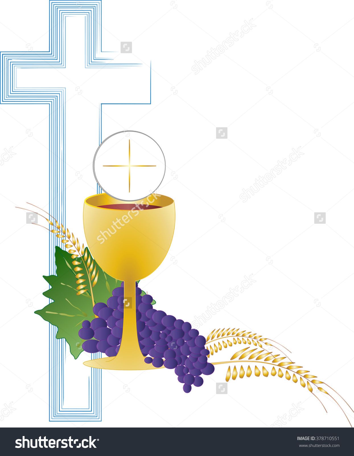 Eucharist Symbol Of Bread And Wine, Chalice And Host, With Wheat Ears Wreath And Grapes, With A Cross. First Communion Illustration. - Chalice And Host, Transparent background PNG HD thumbnail