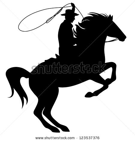 Cowboy Throwing Lasso Riding Rearing Up Horse   Black Silhouette Over White - Cowboy With Lasso, Transparent background PNG HD thumbnail