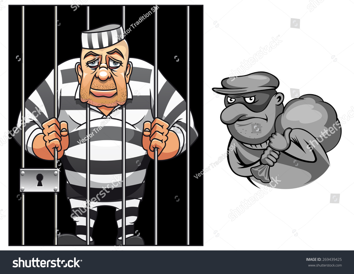 Criminal Behind Bars Png - Cartoon Prisoner In Jail Behind The Bars In Striped Uniform And Robber In Mask With Sack, Transparent background PNG HD thumbnail