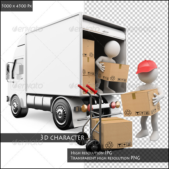 Workers Unloading Boxes From A Truck   Characters 3D Renders - Delivery Truck Unloading, Transparent background PNG HD thumbnail