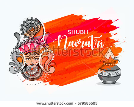 Happy Navratri, Vector Illustration Based On Beautiful Grungy Background With Maa Durga Face And Kalash - Dhunuchi, Transparent background PNG HD thumbnail