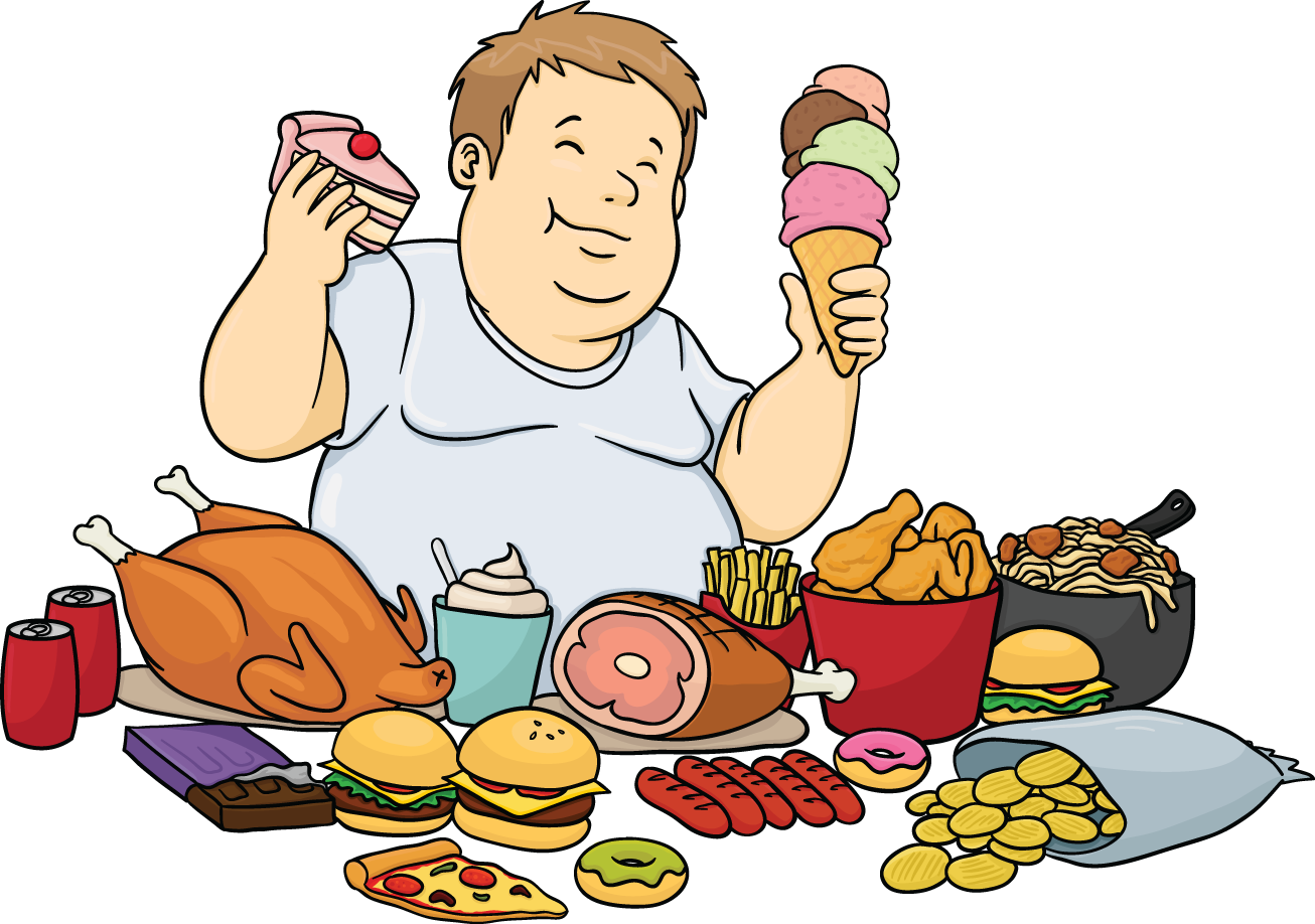 A Fat Cartoon Man Feasting On Junk Food. - Eating Food, Transparent background PNG HD thumbnail