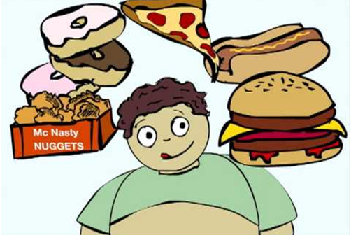A fat cartoon man feasting on