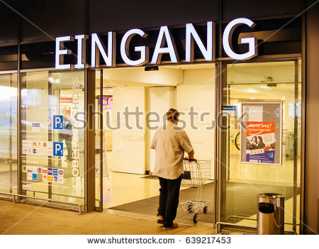 Kehl, Germany Mar 30, 2017: Man With Shopping Cart Above Eingang Signage Translated - Edeka Vector, Transparent background PNG HD thumbnail