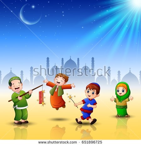 Vector Illustration Of Happy Kids Celebrate For Eid Mubarak With Mosque Background - Eid Celebration For Kids, Transparent background PNG HD thumbnail