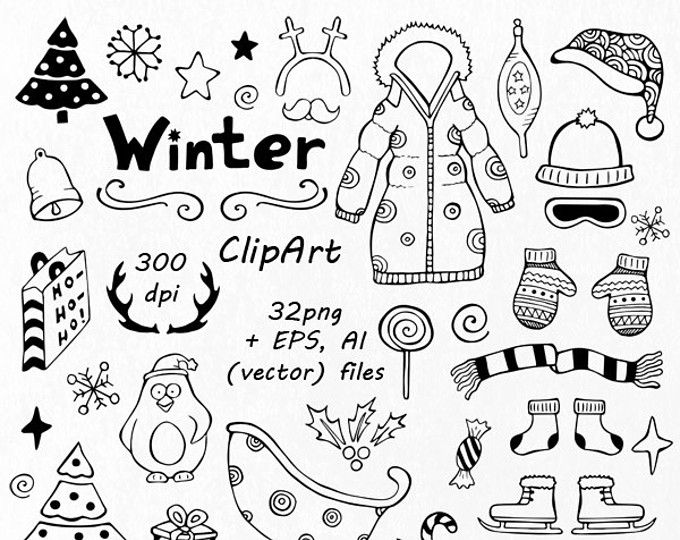 Big Set Of Doodle Summer Cliparts, Hand Drawn Vacation Clipart, Digital Clip Art, Png, Eps, Ai, Vector Clipart, Personal And Commercial Use - Elisi Black And White, Transparent background PNG HD thumbnail