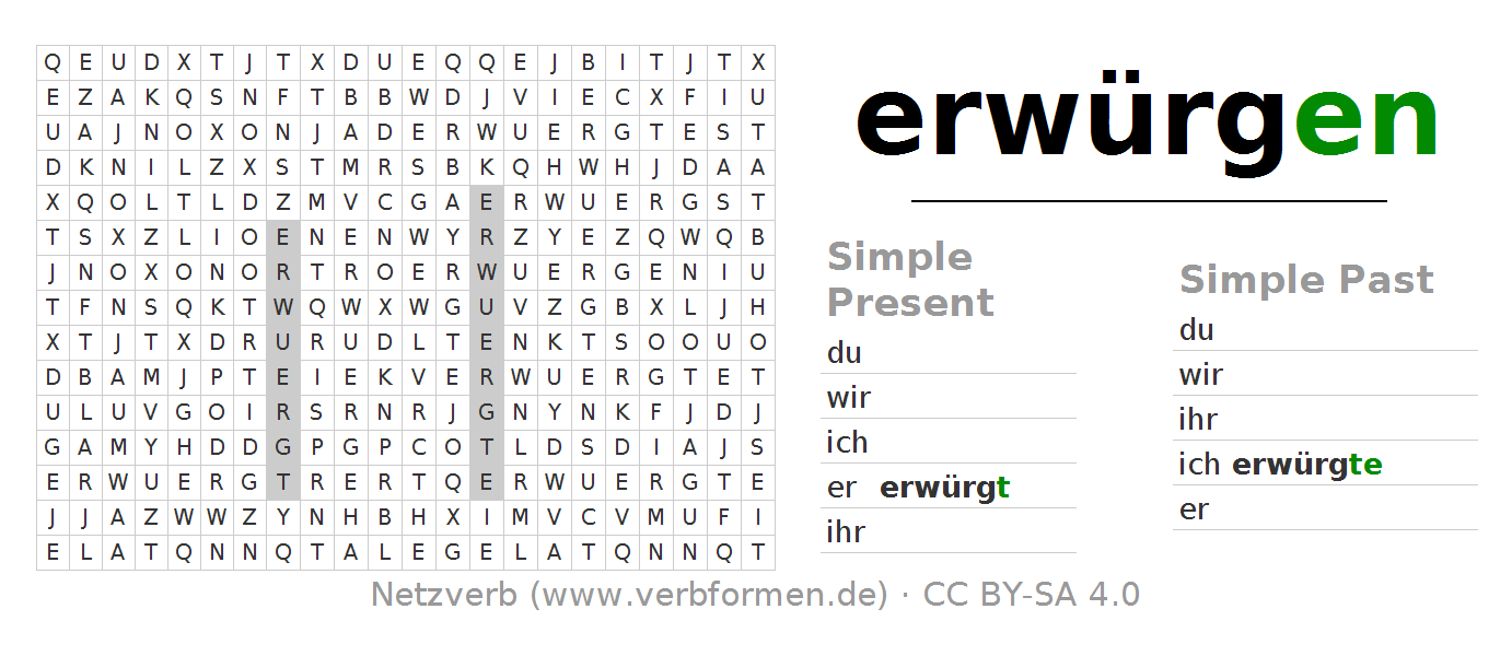 Word Search Puzzle For The Conjugation Of The Verb Erwürgen - Erwurgen, Transparent background PNG HD thumbnail