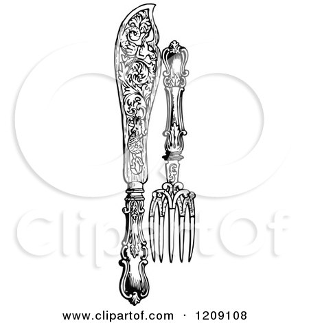 Clipart Of A Vintage Black And White Fancy Knife And Fork   Royalty Free Vector Illustration By Prawny Vintage - Fancy Fork Black And White, Transparent background PNG HD thumbnail