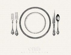 Printable Place Setting Dinner Plate, Knife, Fork, Spoon   Vintage Clipart Digital Download - Fancy Fork Black And White, Transparent background PNG HD thumbnail