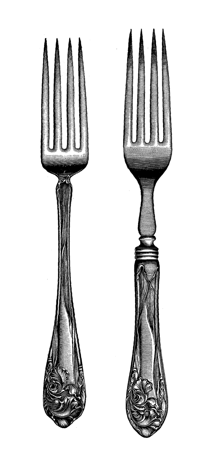 These Are Two Vintage Fork Digital Stamps From A 1913 Hardware Catalog. I Love The Fancy, Decorative Handles! Theyu0027Re So Elegant. - Fancy Fork Black And White, Transparent background PNG HD thumbnail