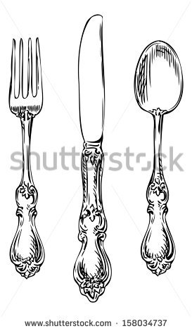 Vintage Spoon, Fork And Knife. - Fancy Fork Black And White, Transparent background PNG HD thumbnail