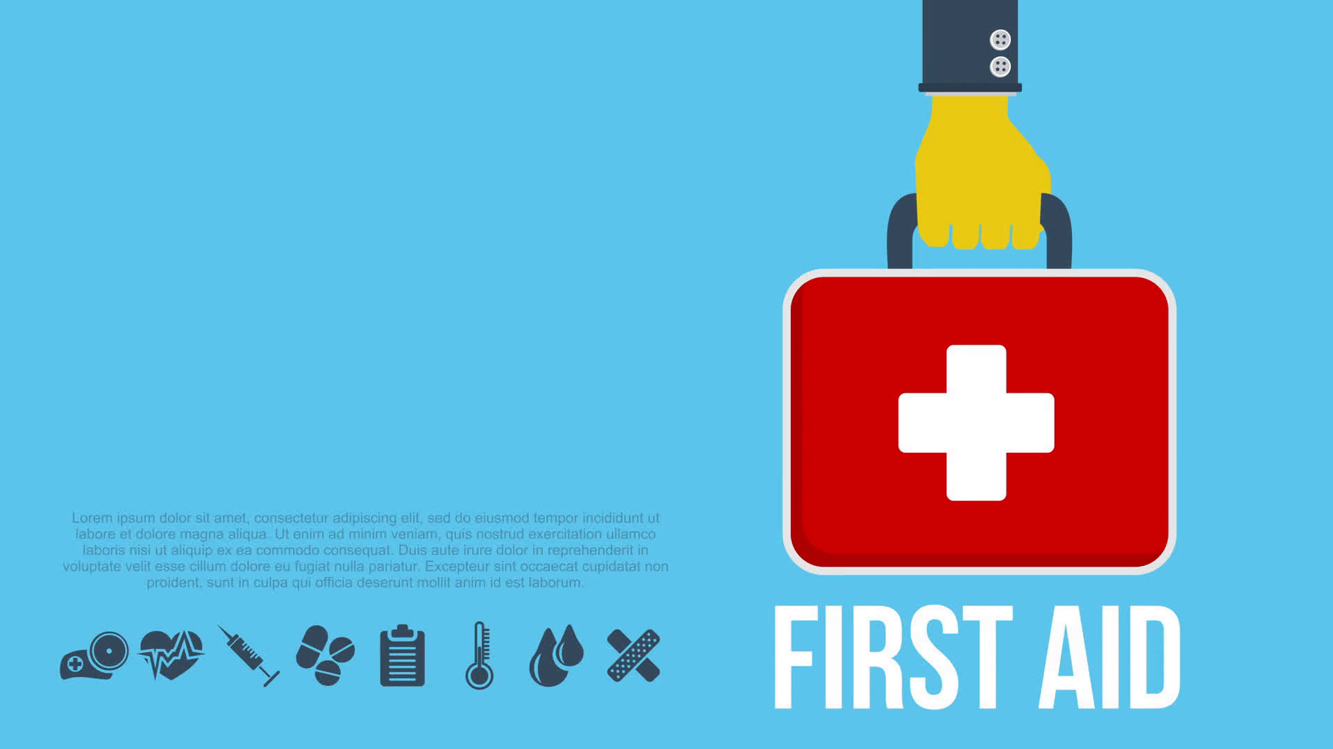 First Aid Kit Concept With Hand Holding Medicine Chest With Cross And Healthcare Icons. Available In 4K Fullhd And Hd Video 2D Render Footage On White. - First Aid Images, Transparent background PNG HD thumbnail