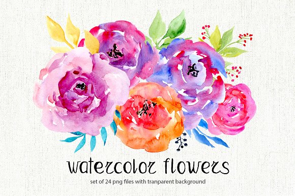 Watercolor Flowers, 24 Png Clipart   Illustrations - Flower Jpg, Transparent background PNG HD thumbnail
