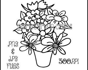 Flower Vase Digi Stamp | Png And Jpg Files | Floral Art | Coloring Page | - Flower Vase Black And White, Transparent background PNG HD thumbnail