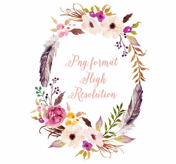 Watercolour Flower Wreath With Feather / Individual Png Files / Hand Painted - Flower Wreath, Transparent background PNG HD thumbnail