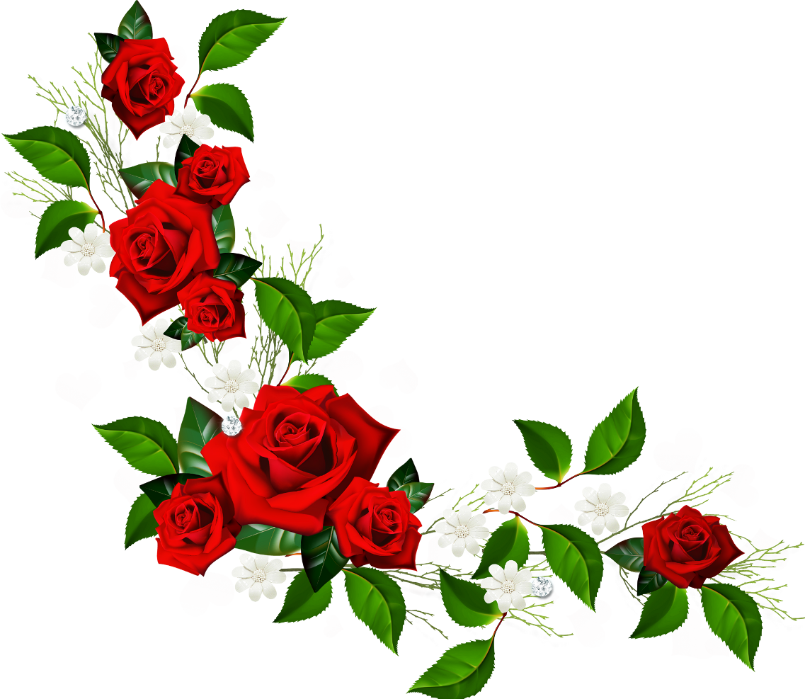Decorative Element With Red Roses White Flowers And Hearts With Diamonds - Flowers Borders, Transparent background PNG HD thumbnail
